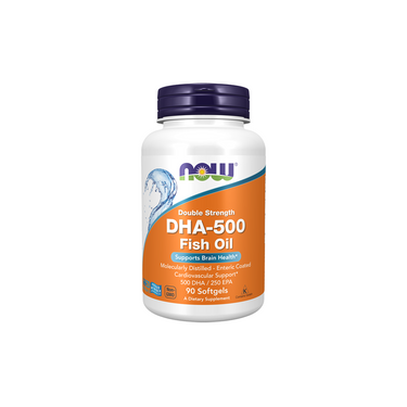A bottle of Now Foods DHA-500 mg Fish Oil, 90 softgels, rich in omega-3 and designed to support brain and cardiovascular health.